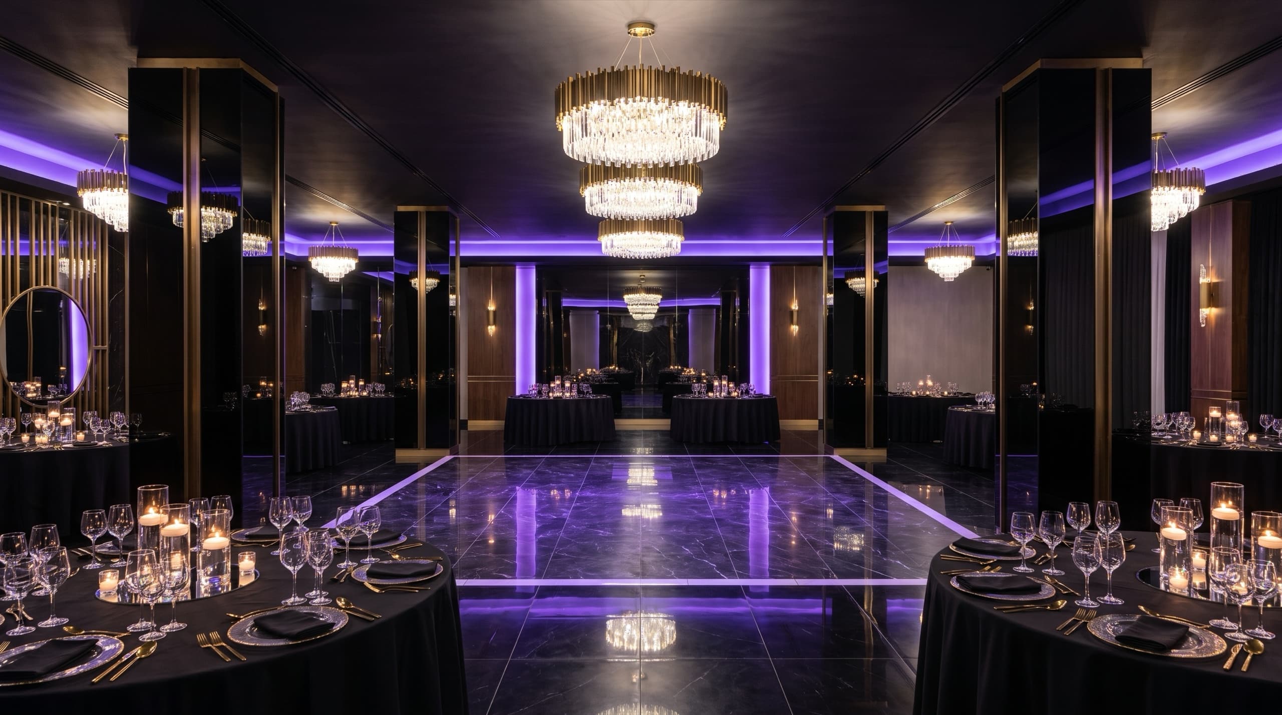 A venue dressed for a party, tables set and the dance floor clear
