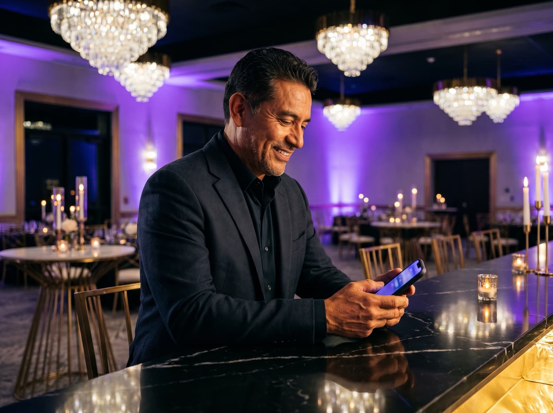 A venue owner reading an enquiry on his phone, leaning on the bar