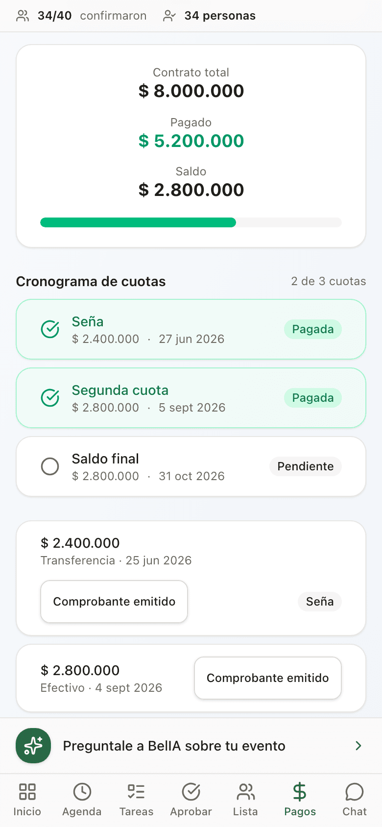 The client's portal on their phone: their account statement, instalments and payments with receipts