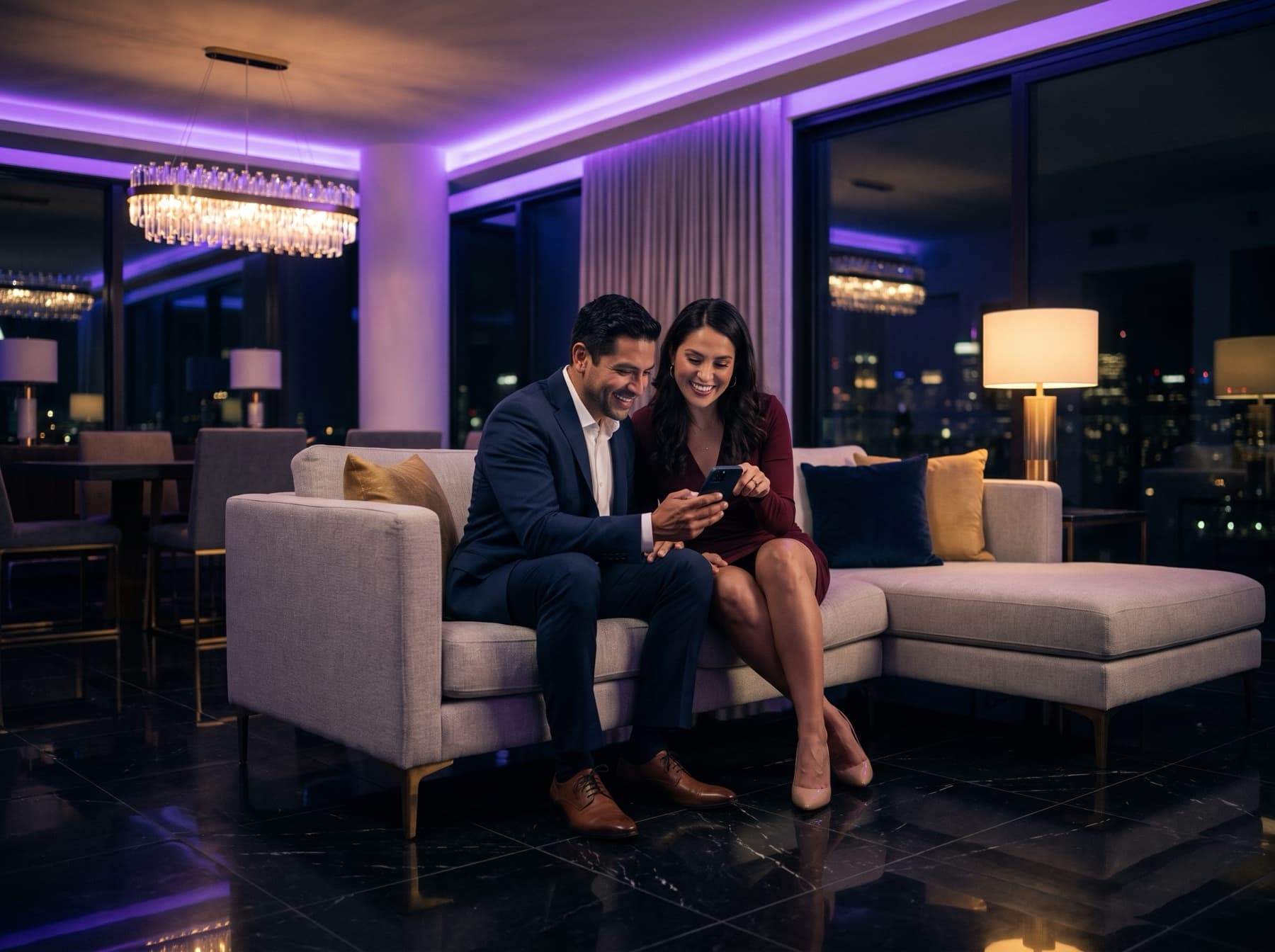 A couple looking at their event on the phone, seated in a venue lounge