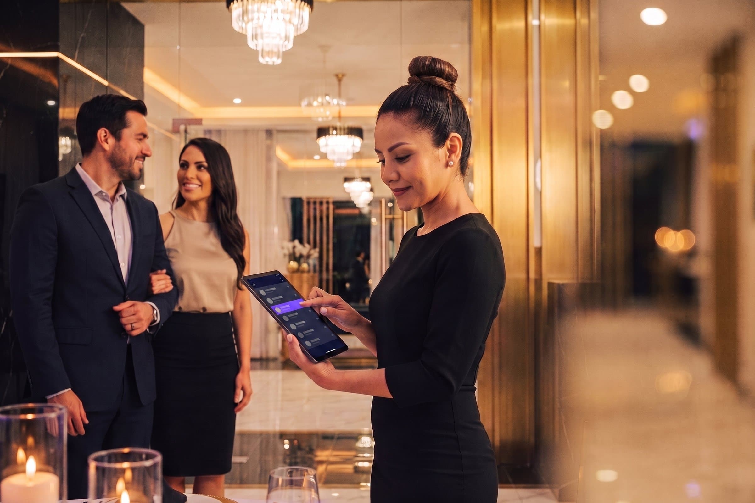 The hostess, tablet in hand, looks up a couple of guests who wait beside her at the venue entrance
