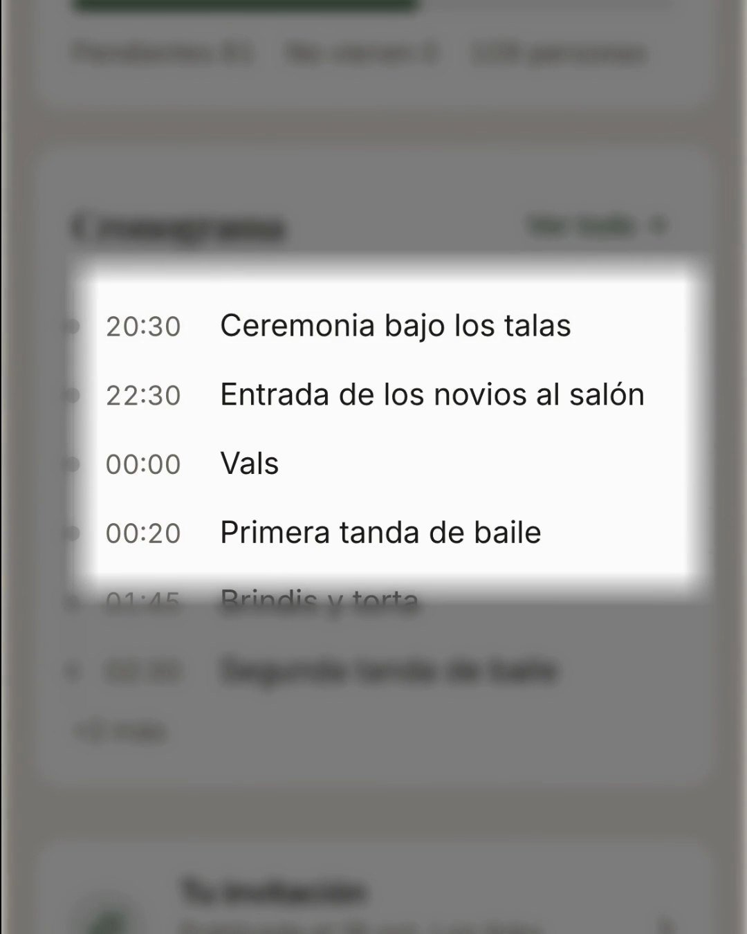 El portal del cliente: su boda y el cronograma de la noche, hora por hora.
