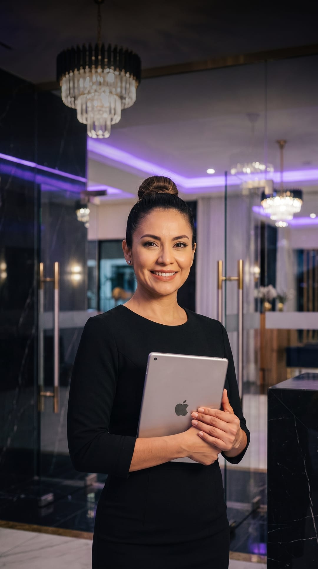 A receptionist holding a tablet, ready to welcome the guests